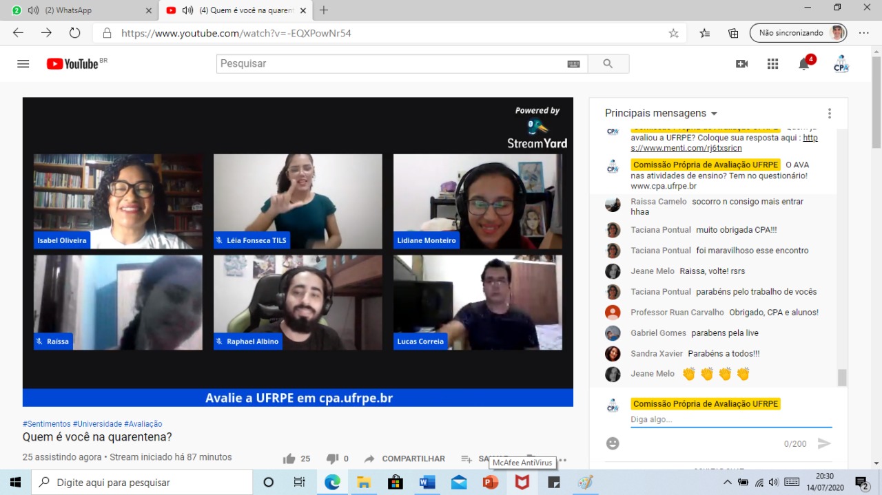 Tela do Youtube com participantes do evento